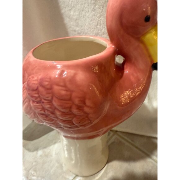 Hand-Painted Ceramic Flamingo Planter Vase Pink & Yellow ; Pretty in Pink Flamin - Picture 11 of 11